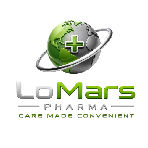 LoMars Pharma logo featuring a 3D green and silver globe with a medical cross and orbital ring, above the text LoMars Pharma — Care Made Convenient.
